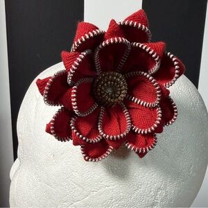 Unique Red Denim-like Fabric Hair Flower Alligator Clip with Zipper Edging